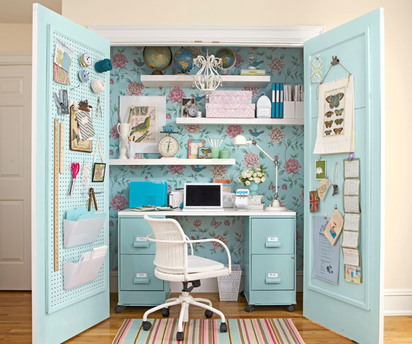 blue theme closet office - small closet office ideas