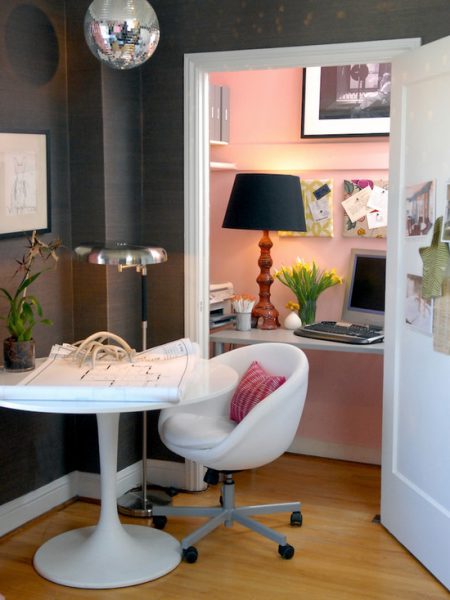 pink wall coset office - small closet office ideas