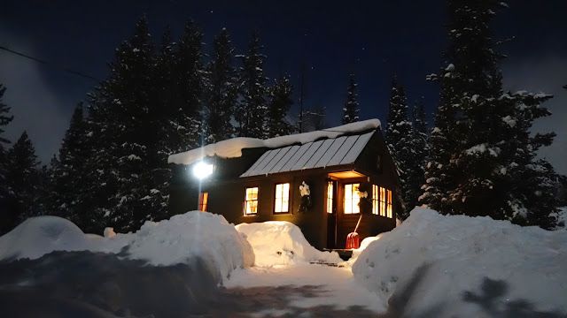 Off-grid Tiny House On Wheels At Night Winter