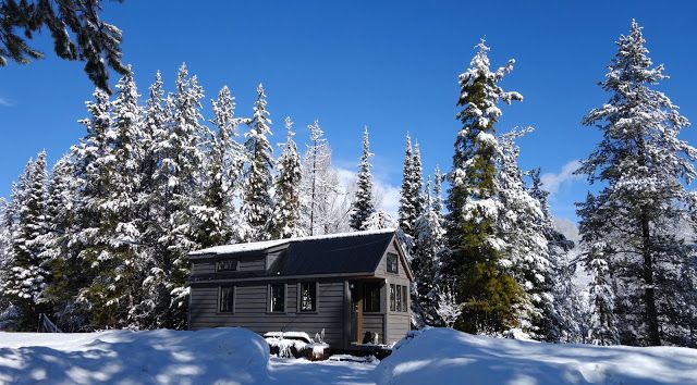 Off-grid Tiny House On Wheels Exterior Views On Winter