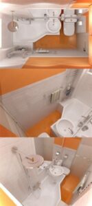 white and orange tiny bathroom