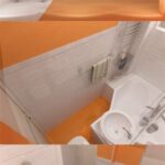 white and orange tiny bathroom