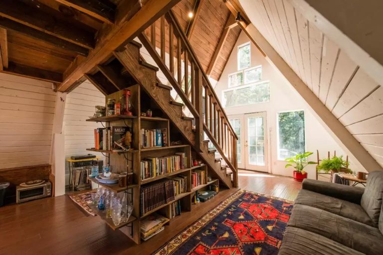 A-frame Tiny Cabin House Under Stairs Library