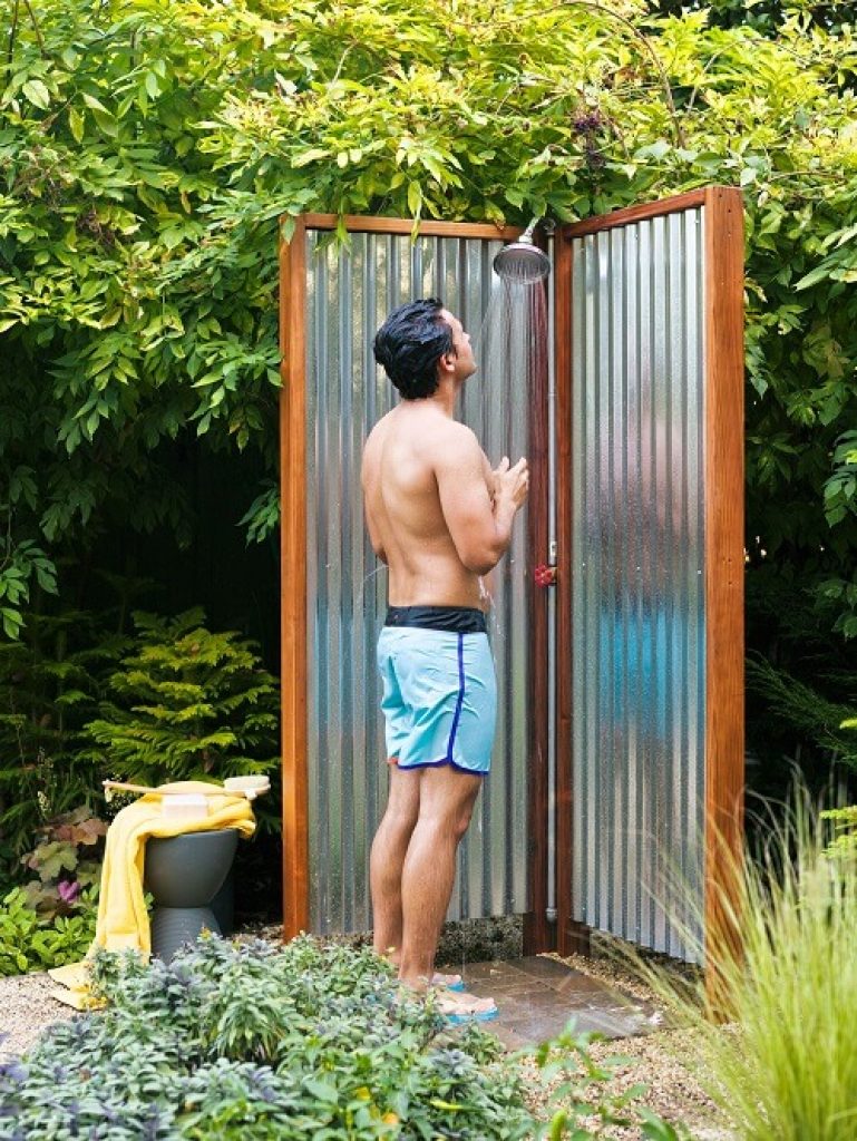 corrugated metal outdoor shower enclosure for backyard