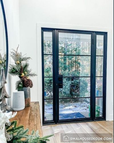 Black Front Door with Glass Ideas - Modern Cottage Exterior With Sidelights And Transom Window
